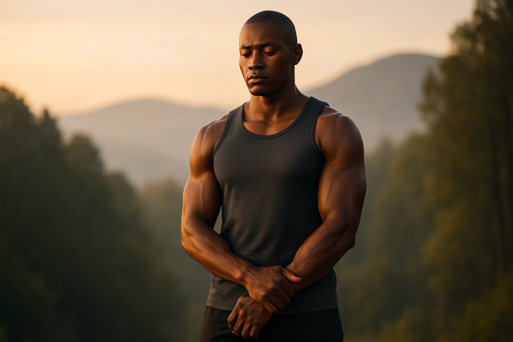 Ein athletischer Mensch steht ruhig und gelassen in einer natürlichen Umgebung mit Bergen im Hintergrund.