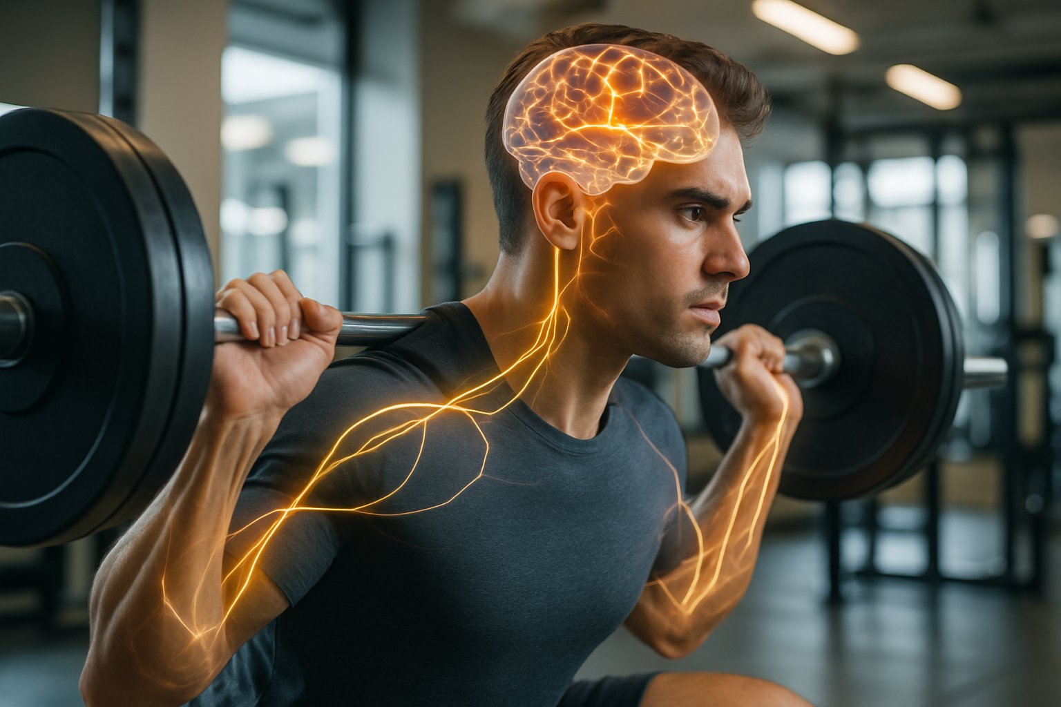 Ein junger Mann hebt Gewichte im Fitnessstudio, mit leuchtenden Linien, die Gehirn und Muskeln verbinden.