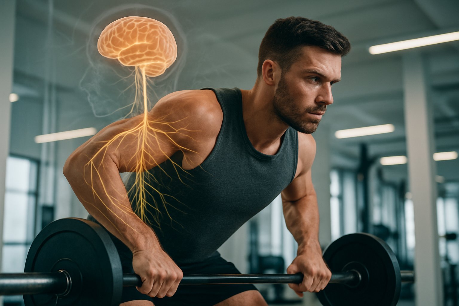 Ein männlicher Athlet trainiert mit Gewichten in einem modernen Fitnessstudio, im Hintergrund ist schemenhaft das menschliche Nervensystem dargestellt.